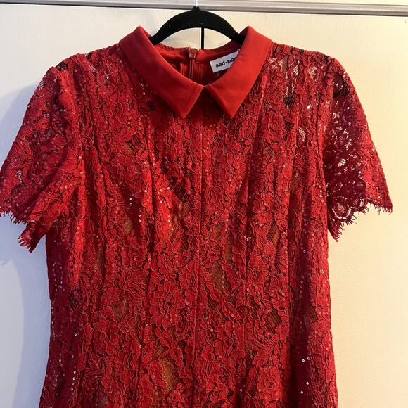 Self-Portrait Women's Red Sequin Lace Mini Dress short sleeve size 12 New - Picture 3 of 10
